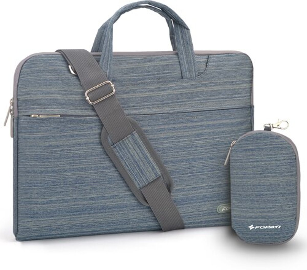 Luxe Laptophoes met Schouderband en Tasje voor Oplader of Muis | 15 inch | Blauw gemeleerd | Laptop Accessoires